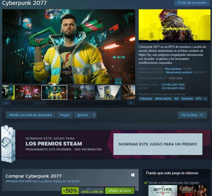 Página de compra de Cyberpunk 2077 en Steam, mostrando detalles del juego y su precio