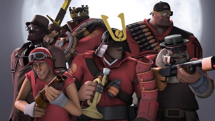Equipo del bando rojo de Team Fortress 2 con una luna llena iluminando el fondo