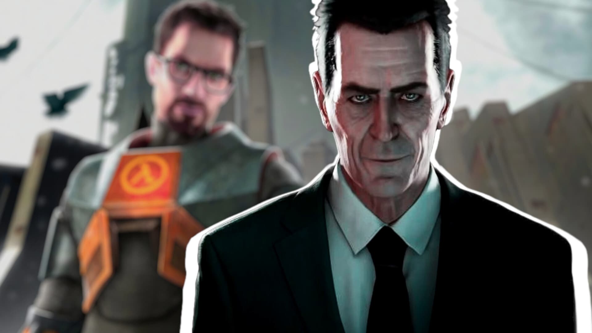 G-Man mirando al frente con Gordon Freeman en el fondo, personajes icónicos de la serie Half-Life