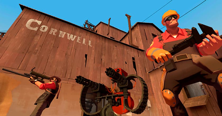 Sniper y Ingeniero de Team Fortress 2 junto a la torreta del Ingeniero