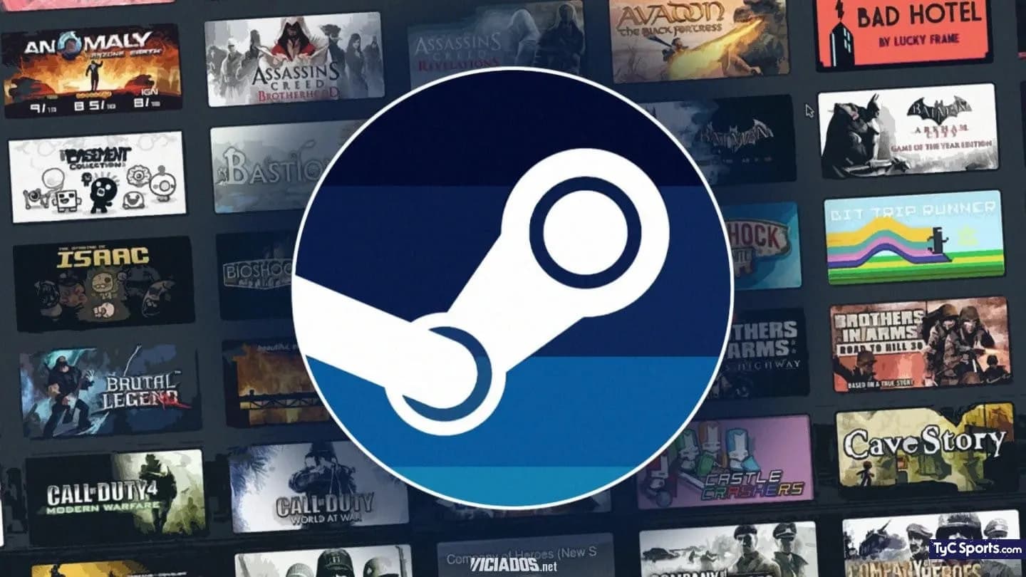 Logo de Steam en primer plano con la tienda de Steam en el fondo, representando la plataforma de distribución de videojuegos