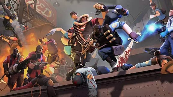 Personajes de Team Fortress 2 de diferentes bandos en medio de una intensa pelea