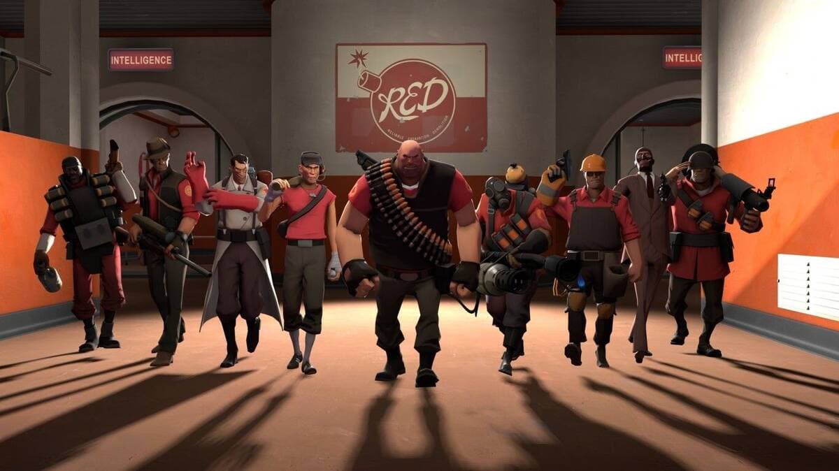 Representación de todos los personajes de Team Fortress 2, mostrando la diversidad de clases del juego