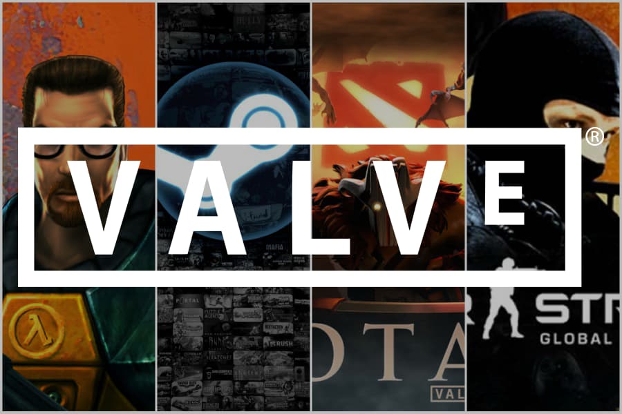 Logo de Valve escrito en un rectángulo, con videojuegos de la empresa de fondo, representando sus entregas